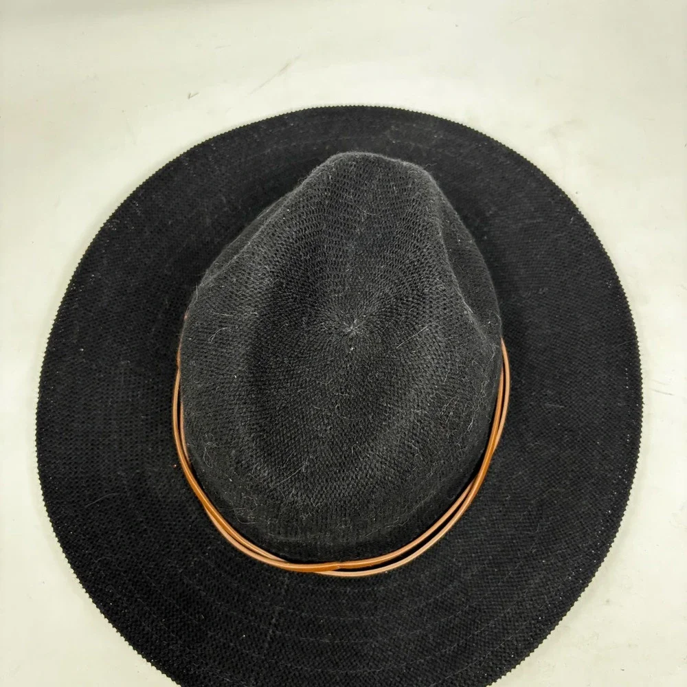 Anthropologie Black Fedora Hat One Size Brown‎ Faux Leather Band Cotton Mesh
